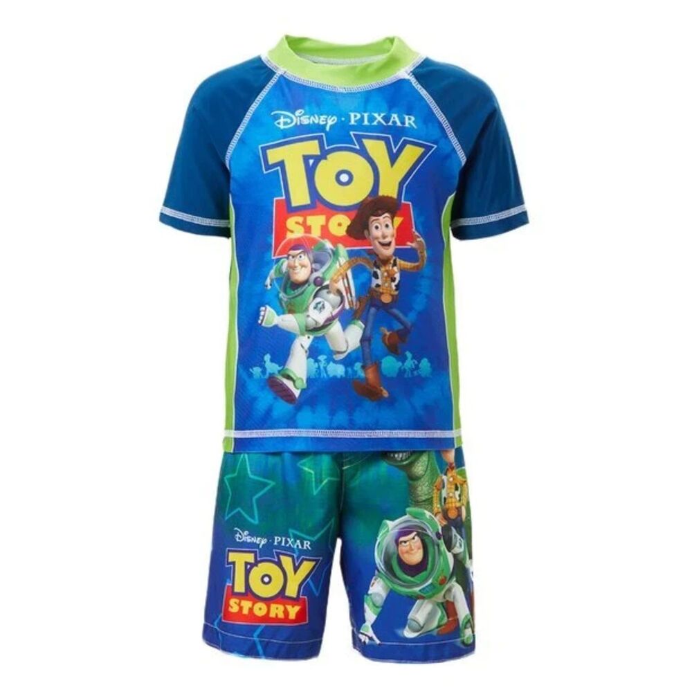 Toy Story Toddler Boy's 3T Rashguard 2-piece Swim Tee + Swim Shorts Blue NWT